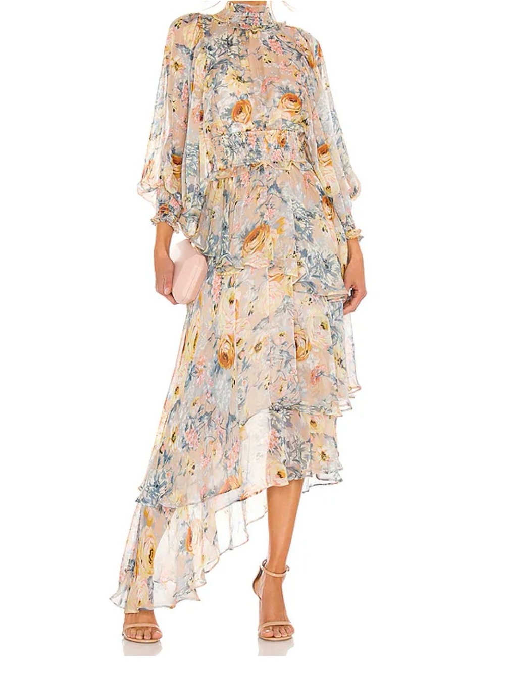 Elliatt Peach Floral High-Low Ruffle Midi Dress